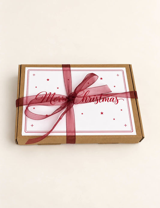 Christmas chocolate poem gift box with Merry Christmas label and burgundy ribbon