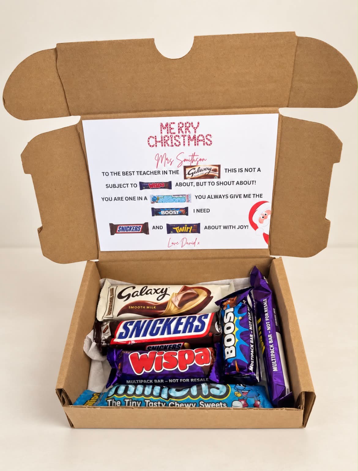 Open personalised teacher Christmas chocolate gift box with poem and assorted chocolate bars
