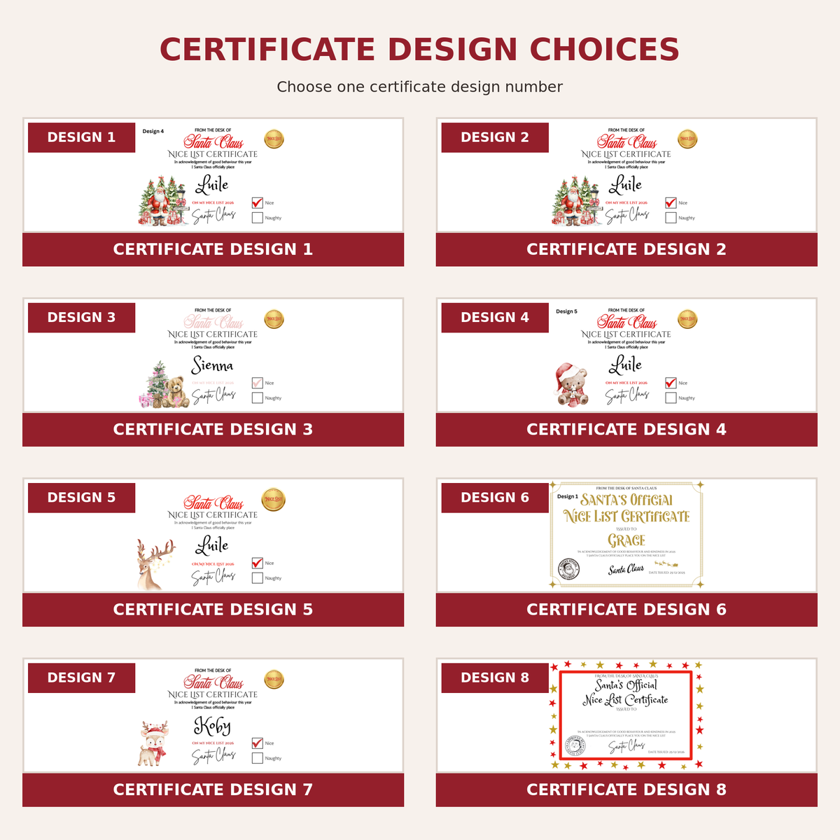 Personalised Christmas gift set Santa nice list certificate design choices numbered one to eight