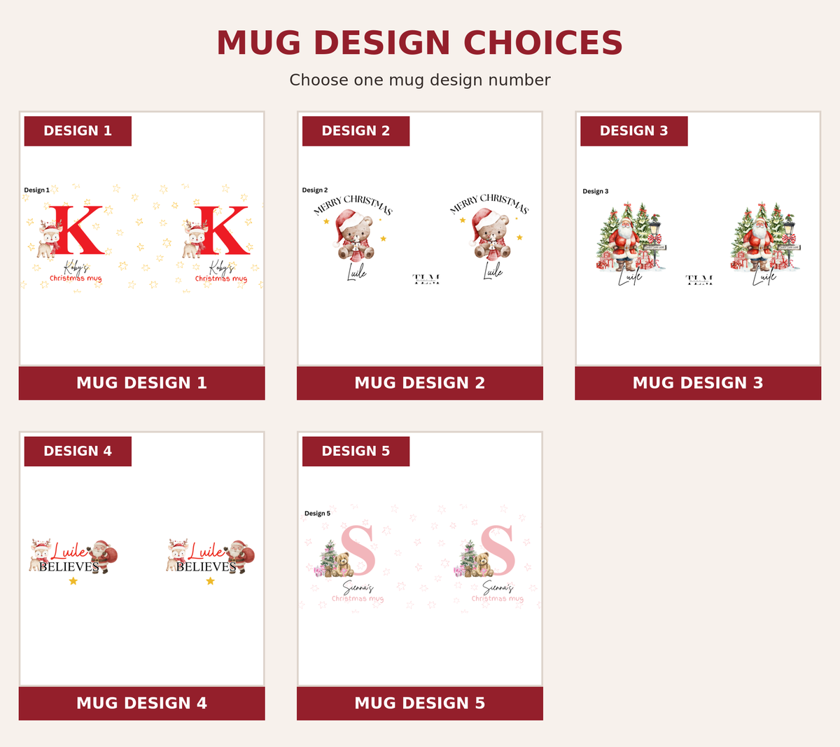 Personalised Christmas gift set mug design choices numbered one to five