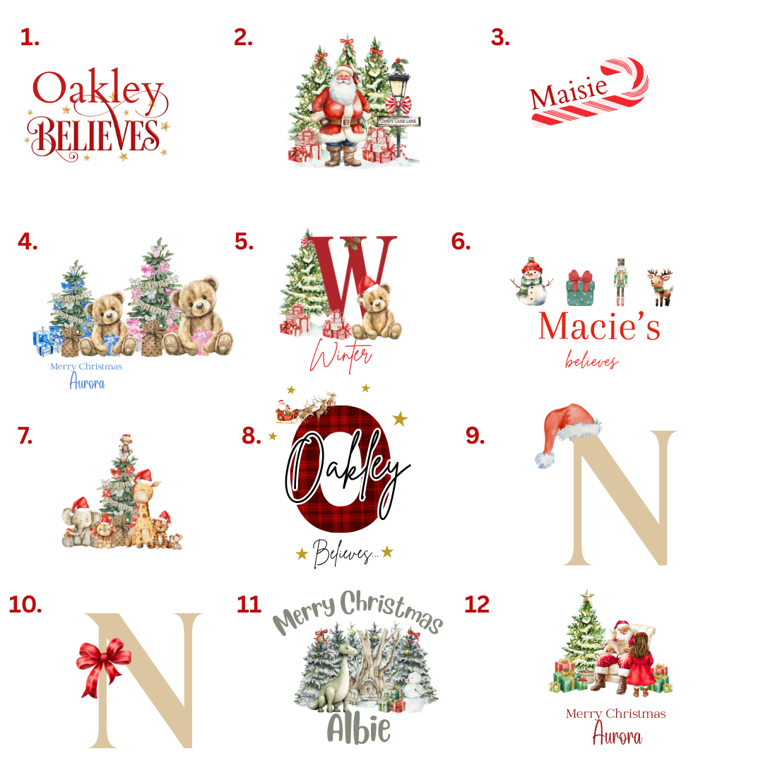 Numbered Christmas design choices 1 to 12 for personalised pyjamas and matching mug