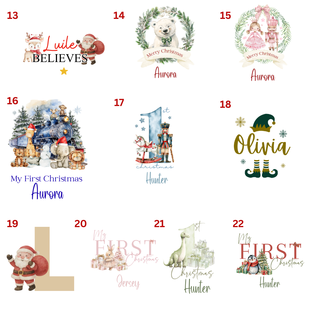 Numbered Christmas design choices 13 to 22 for personalised pyjamas and matching mug