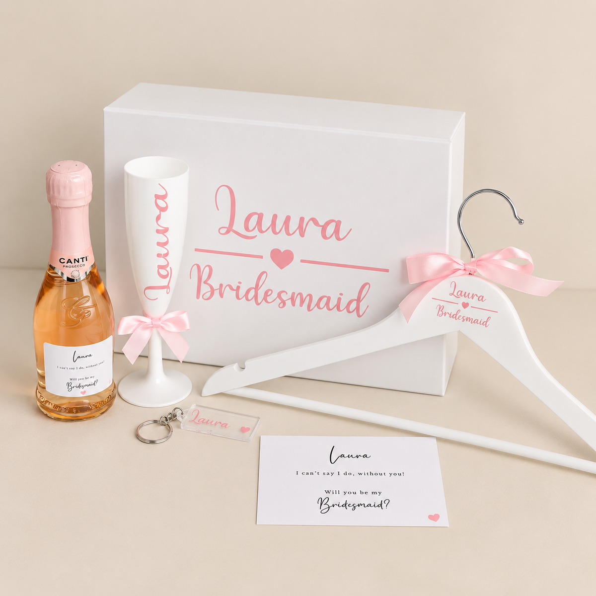 Complete personalised Laura bridesmaid proposal gift set in pink and white