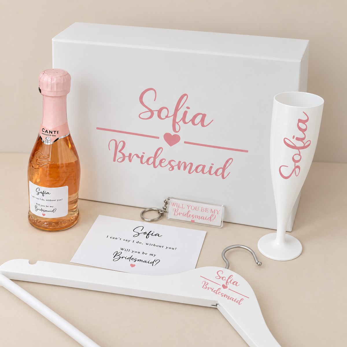 Complete personalised Sofia bridesmaid proposal gift set with matching wedding accessories