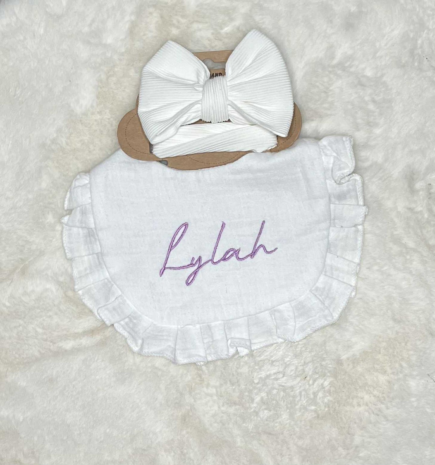 Personalised Frilly Embroidered Baby Bib & Headband Set