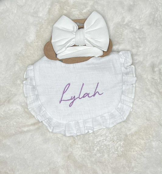 Personalised Frilly Embroidered Baby Bib & Headband Set