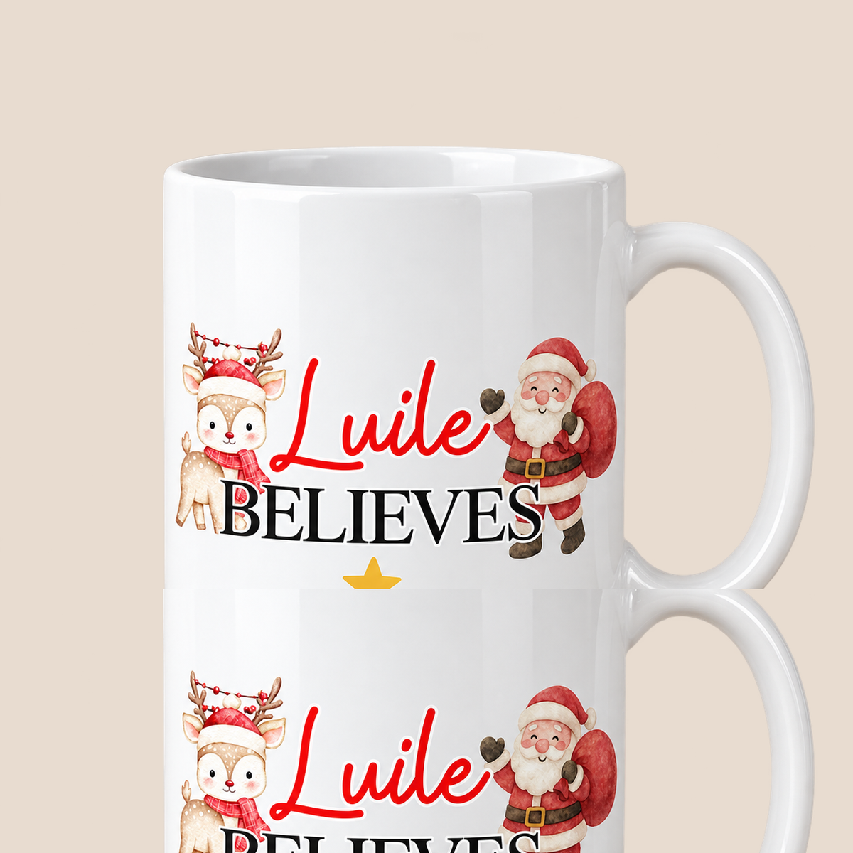 Personalised Believes Reindeer & Santa Mug with custom name