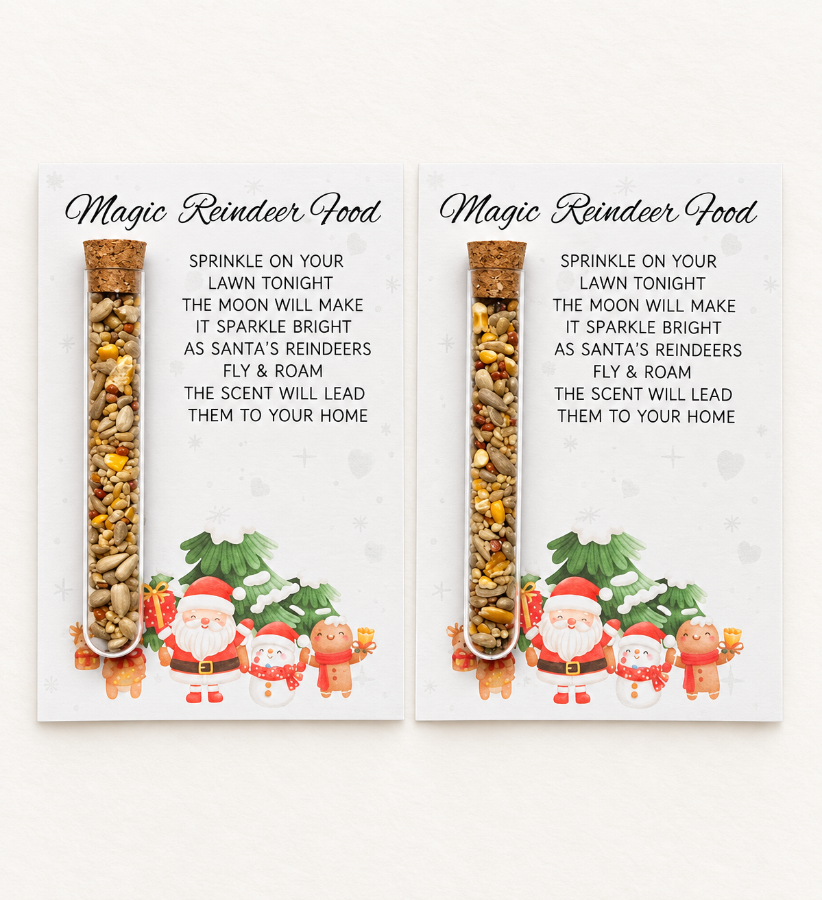 Two Magic Reindeer Food cards with wildlife-friendly seed tubes on a clean cream background