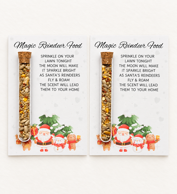 Two Magic Reindeer Food cards with wildlife-friendly seed tubes on a clean cream background