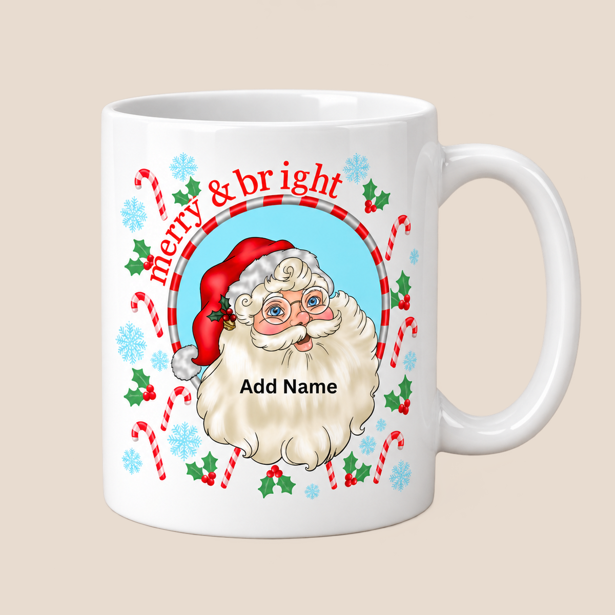 Personalised Merry & Bright Santa Christmas Mug with custom name