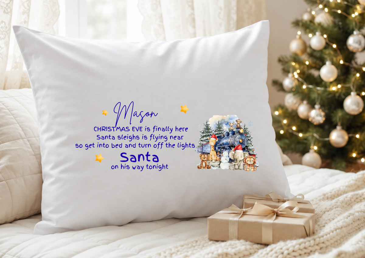 Personalised blue Christmas Eve pillowcase with winter scene and Santa poem