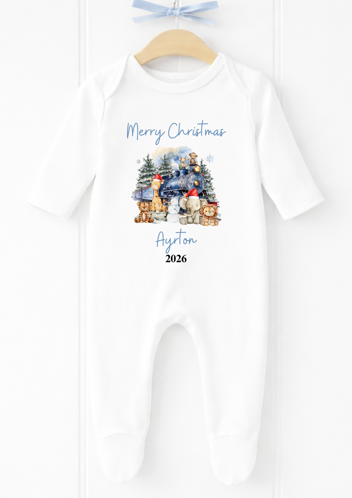 Personalised blue Christmas train baby sleepsuit with festive animals, name and year