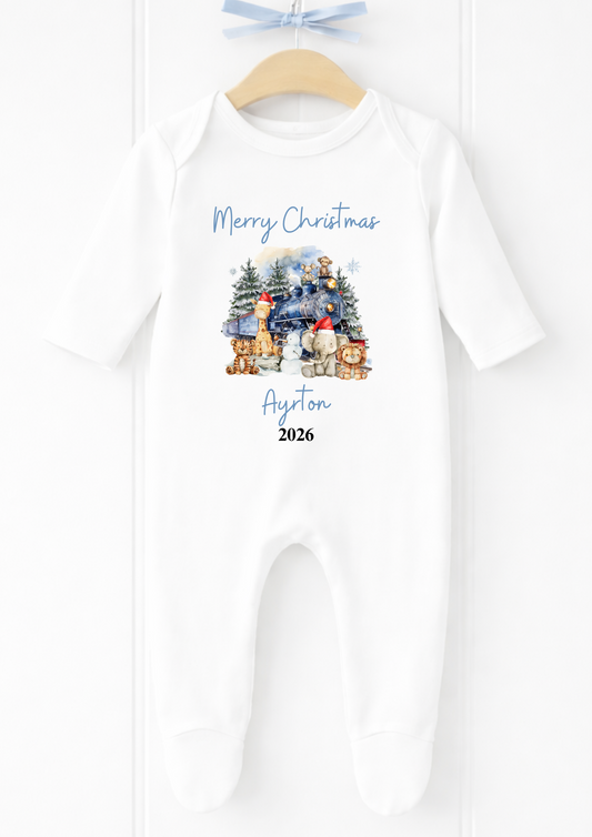 Personalised blue Christmas train baby sleepsuit with festive animals, name and year