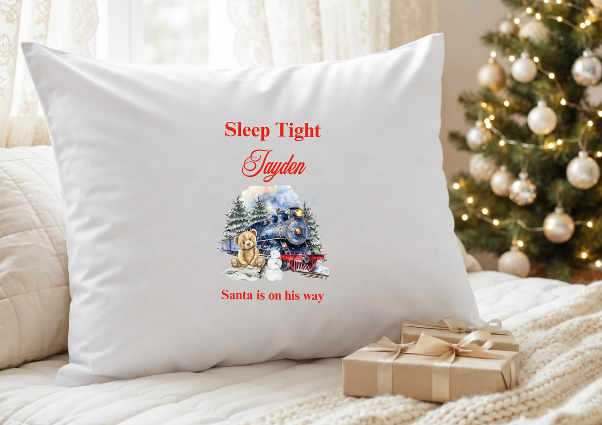 Personalised blue Christmas pillowcase with Sleep Tight and Santa is on his way wording