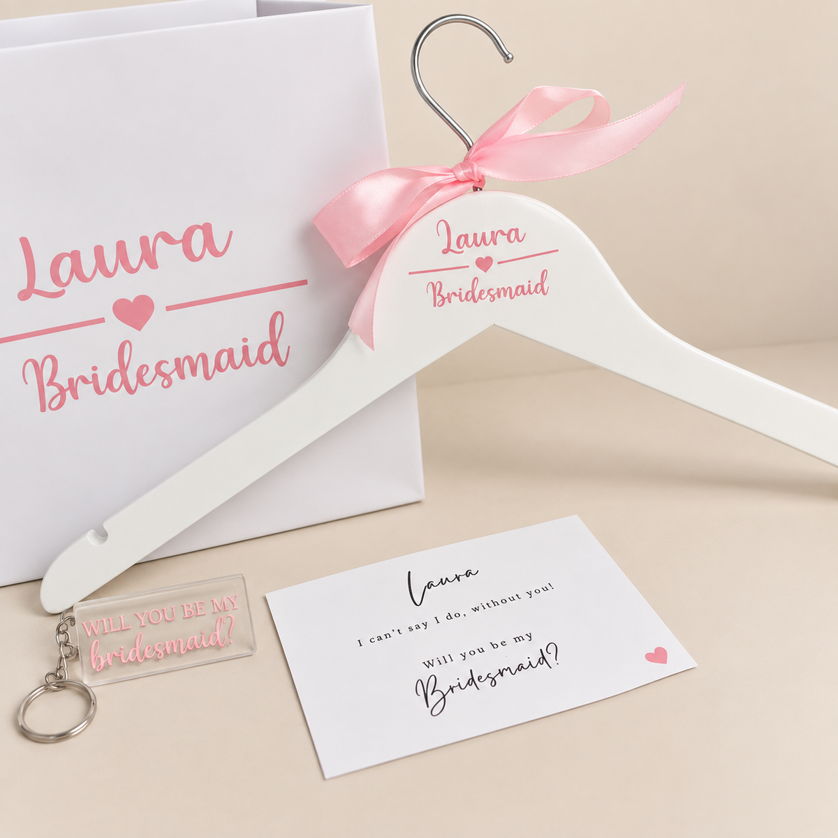 Personalised Laura bridesmaid hanger, proposal card, gift bag and acrylic keyring