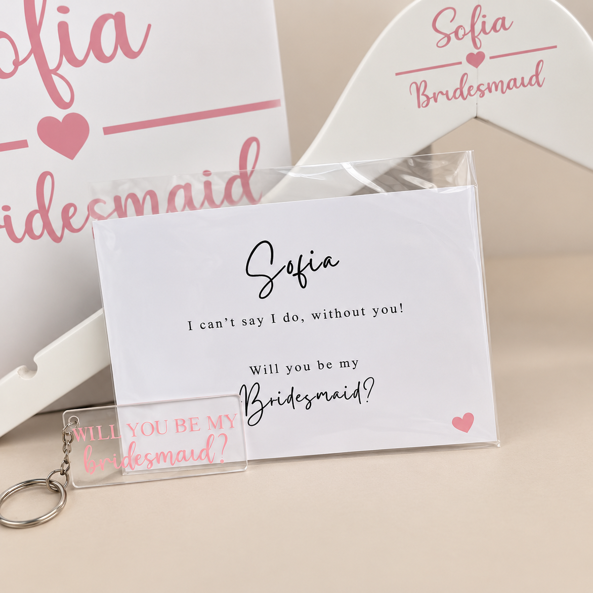 Personalised Sofia will you be my bridesmaid proposal card with matching wedding accessories