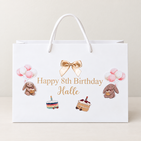 Personalised bunny birthday gift bag with name and age