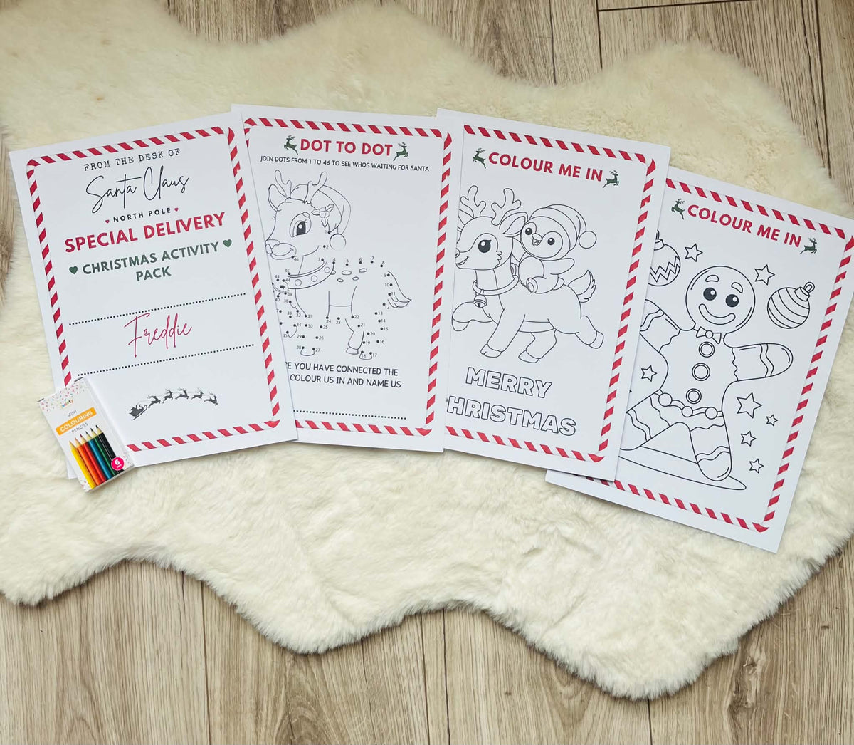 Christmas activity pack with personalised cover, reindeer dot-to-dot and festive colouring sheets