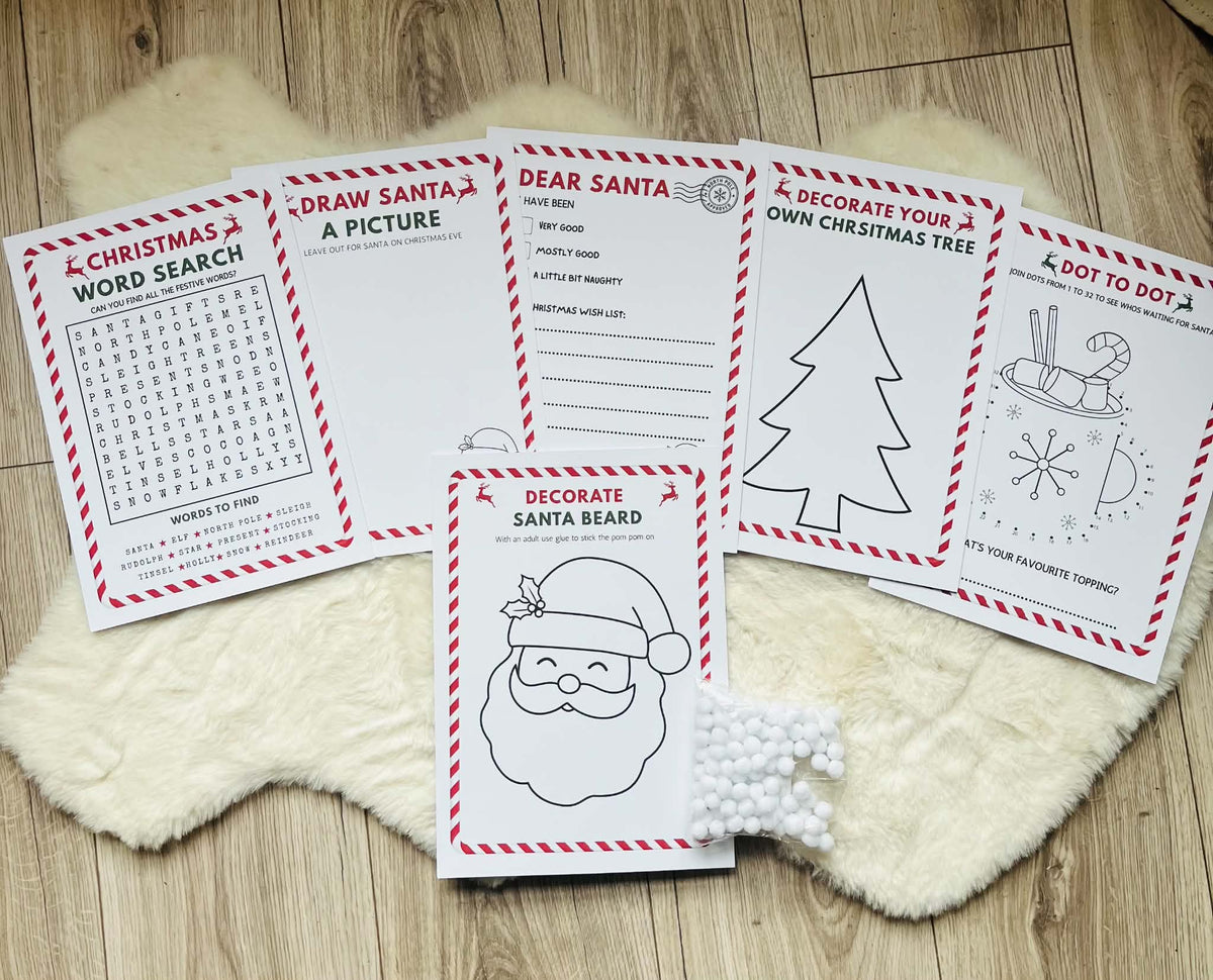 Christmas activity sheets with word search, letter to Santa, Christmas tree and Santa beard craft
