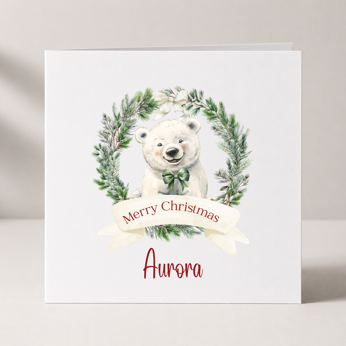 Polar Bear Wreath Personalised Christmas Card with custom names and wording