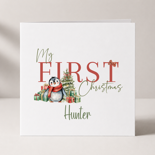 Penguin Baby's First Christmas Card with custom names and wording