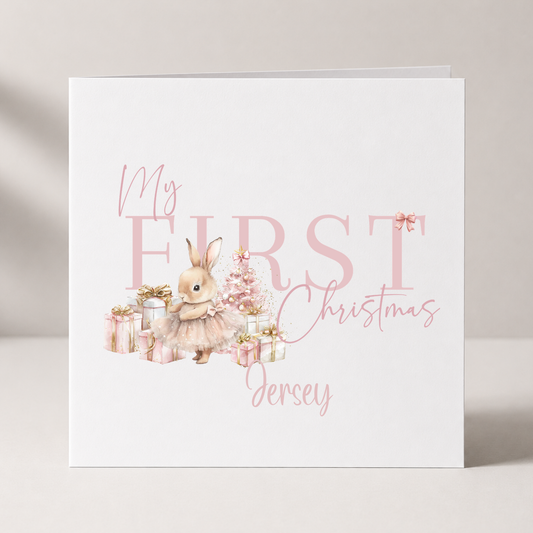 Pink Bunny Baby's First Christmas Card with custom names and wording