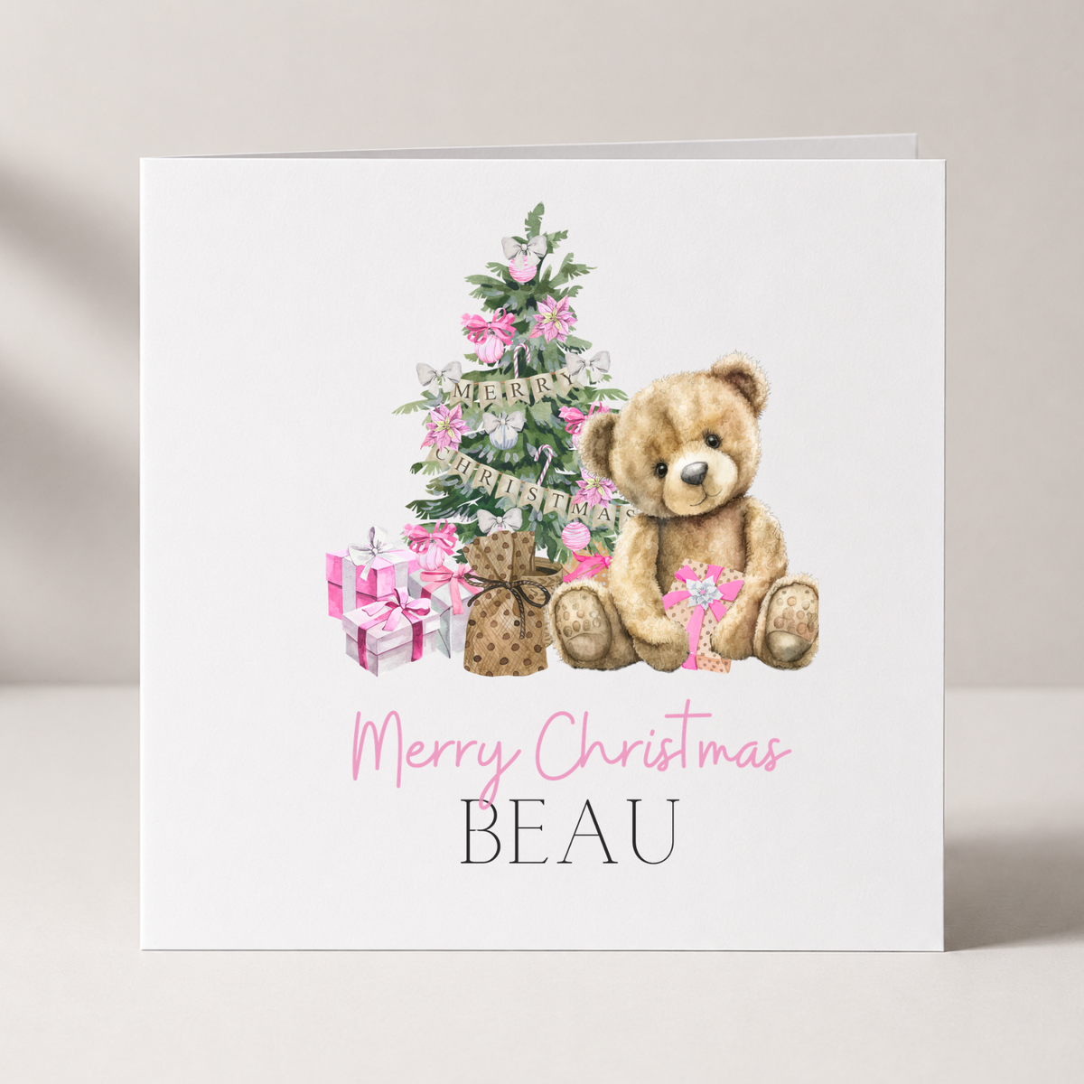 Pink Teddy Bear Personalised Christmas Card with custom names and wording