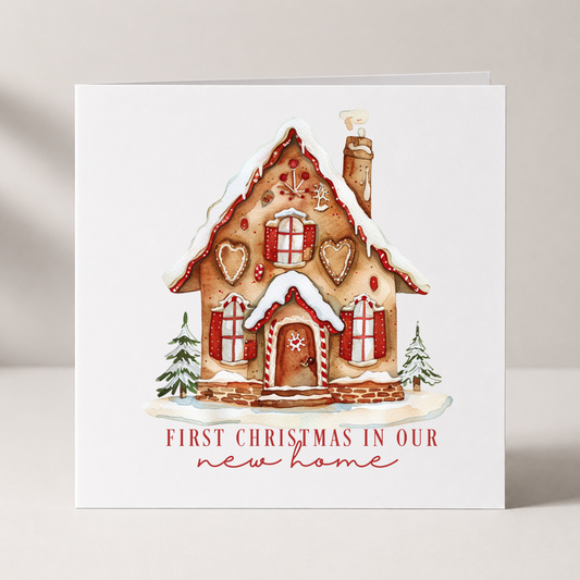 First Christmas in Our New Home Gingerbread Card with custom names and wording