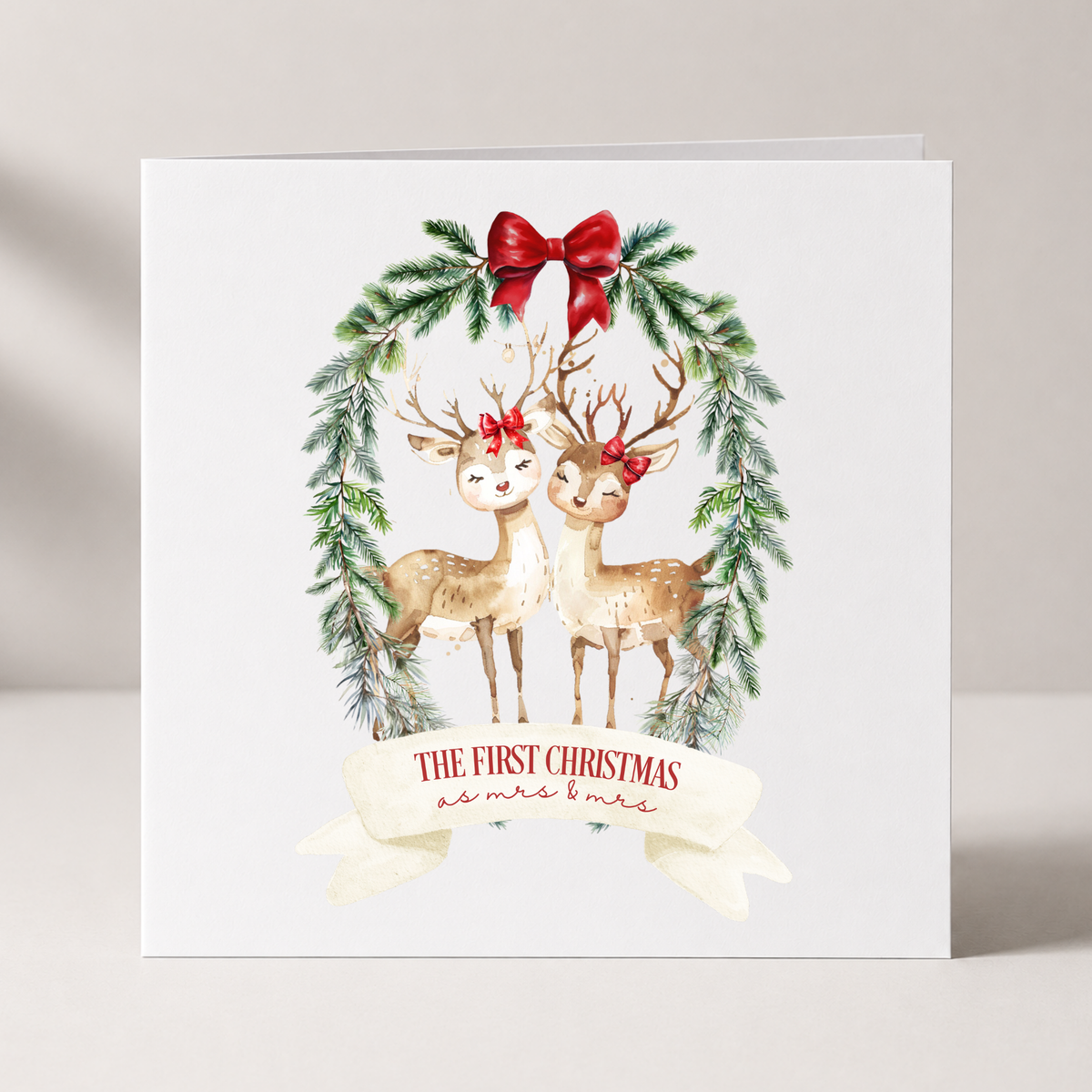 Couple's First Christmas Reindeer Card with custom names and wording