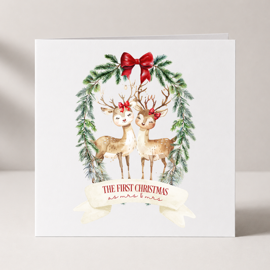 Couple's First Christmas Reindeer Card with custom names and wording