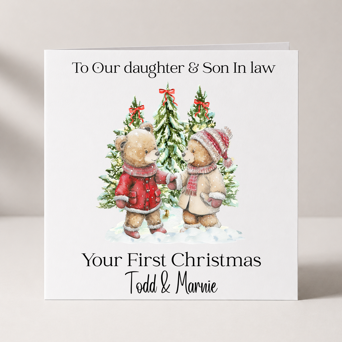 Daughter and Son-in-Law Teddy Christmas Card with custom names and wording
