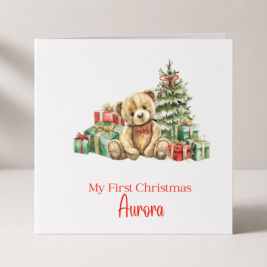 Teddy Bear Baby's First Christmas Card with custom names and wording