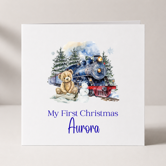 Steam Train Baby's First Christmas Card with custom names and wording