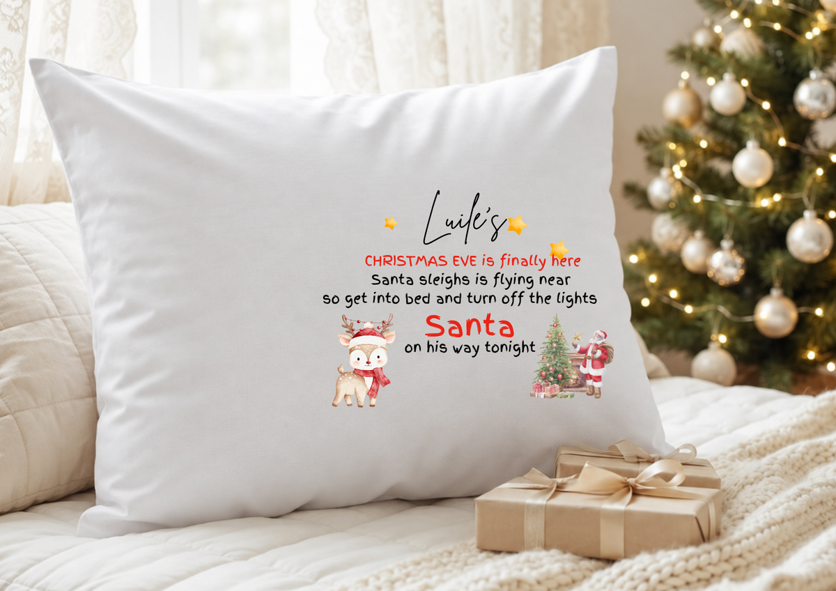 Personalised Christmas Eve pillowcase with reindeer, Santa and festive poem