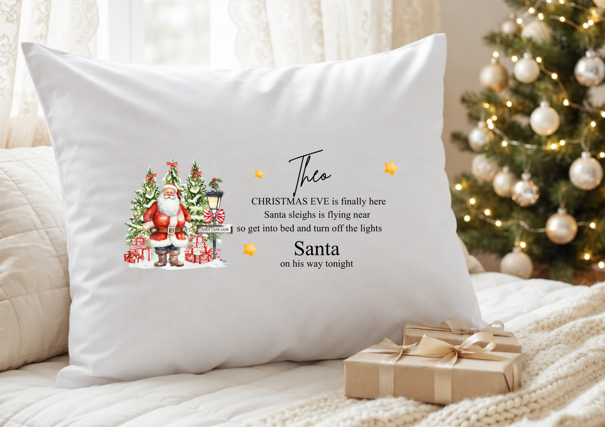Personalised Christmas Eve pillowcase with Santa, festive trees and poem