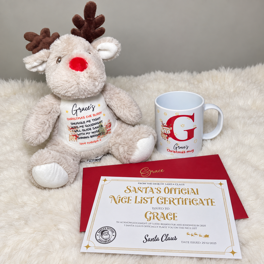 Personalised Christmas gift set with reindeer teddy, mug and Santa nice list certificate with envelope