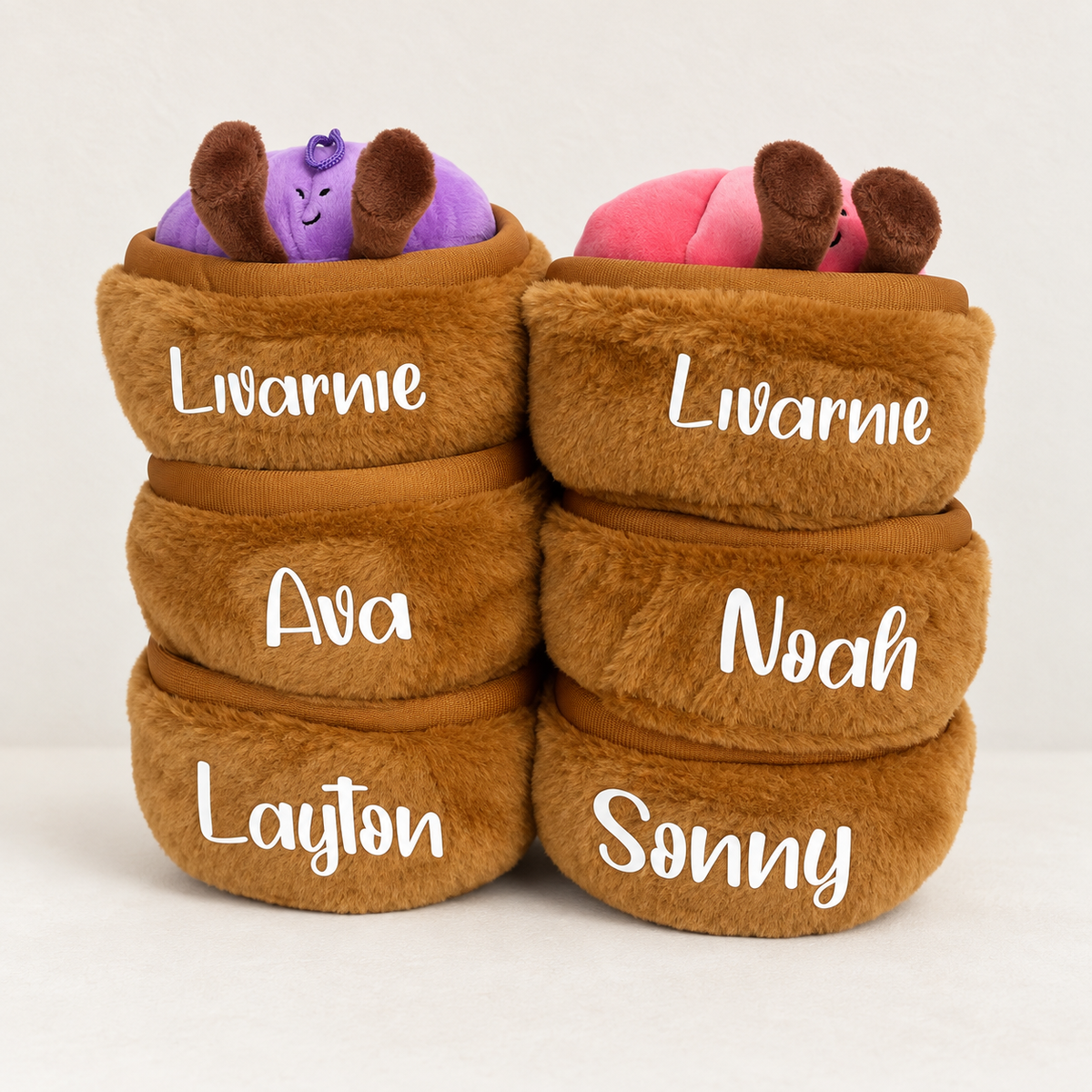 Personalised plush Dumplings in pink purple and blue with names
