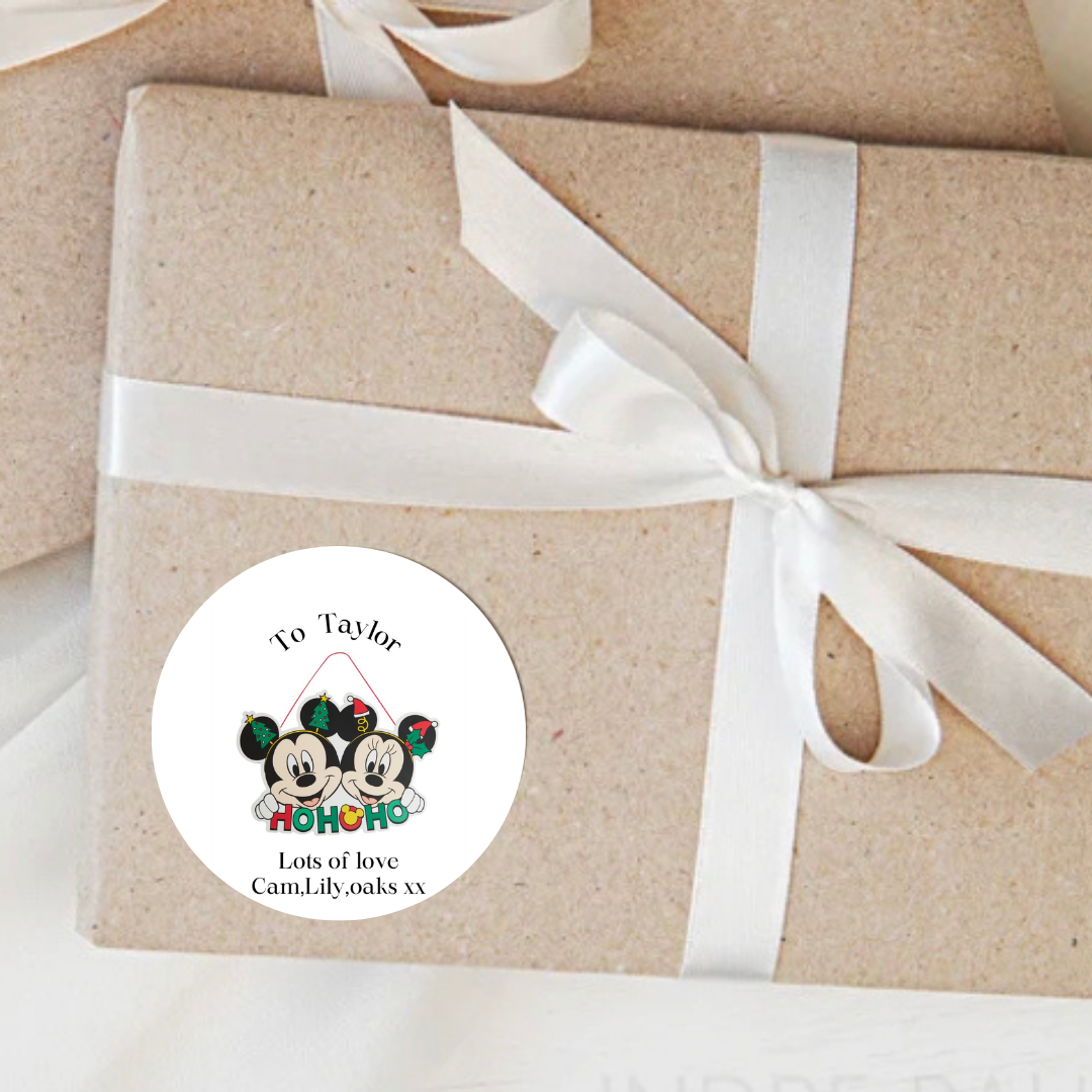 Personalised Christmas gift stickers with festive mouse family and Ho Ho Ho design