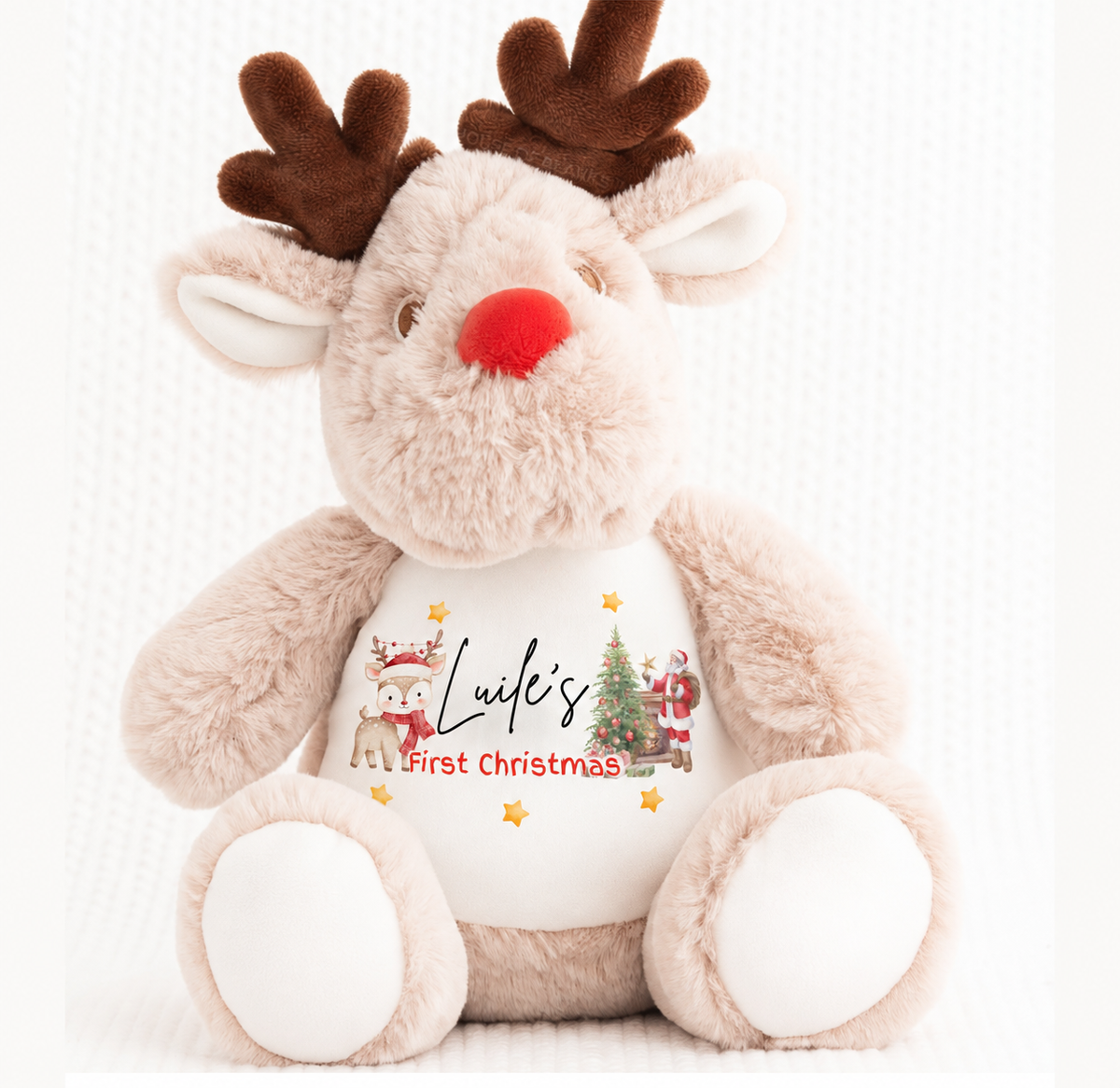 Personalised My First Christmas reindeer teddy with child’s name, festive reindeer, Santa and Christmas tree design