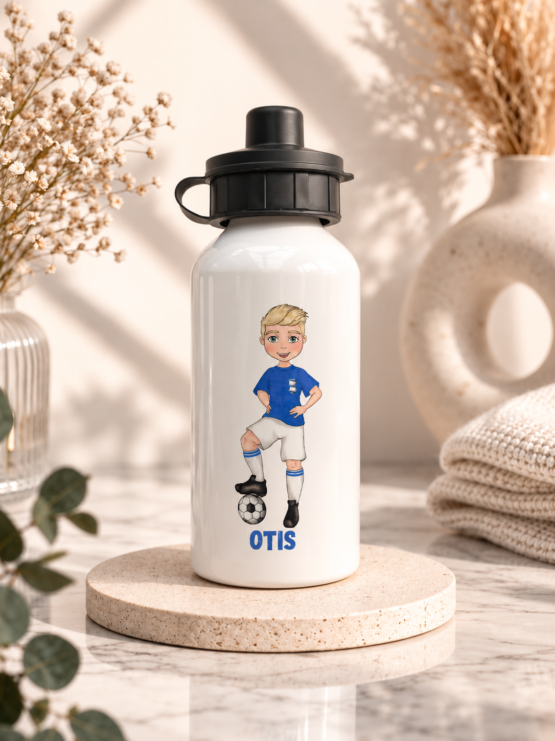 Personalised football boy water bottle with custom name