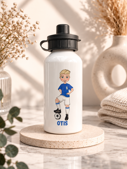 Personalised football boy water bottle with custom name
