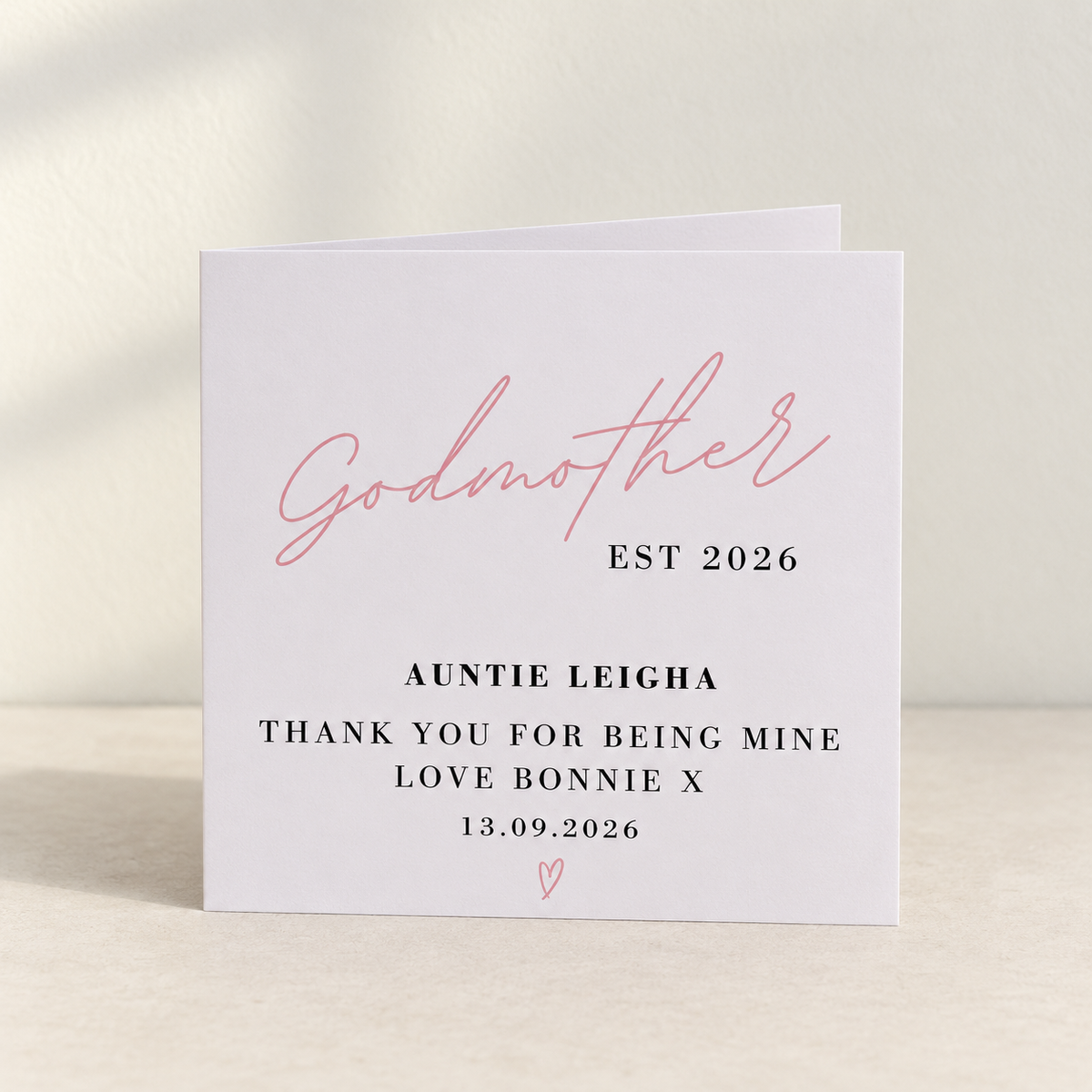 Personalised Godmother thank you card in pale pink