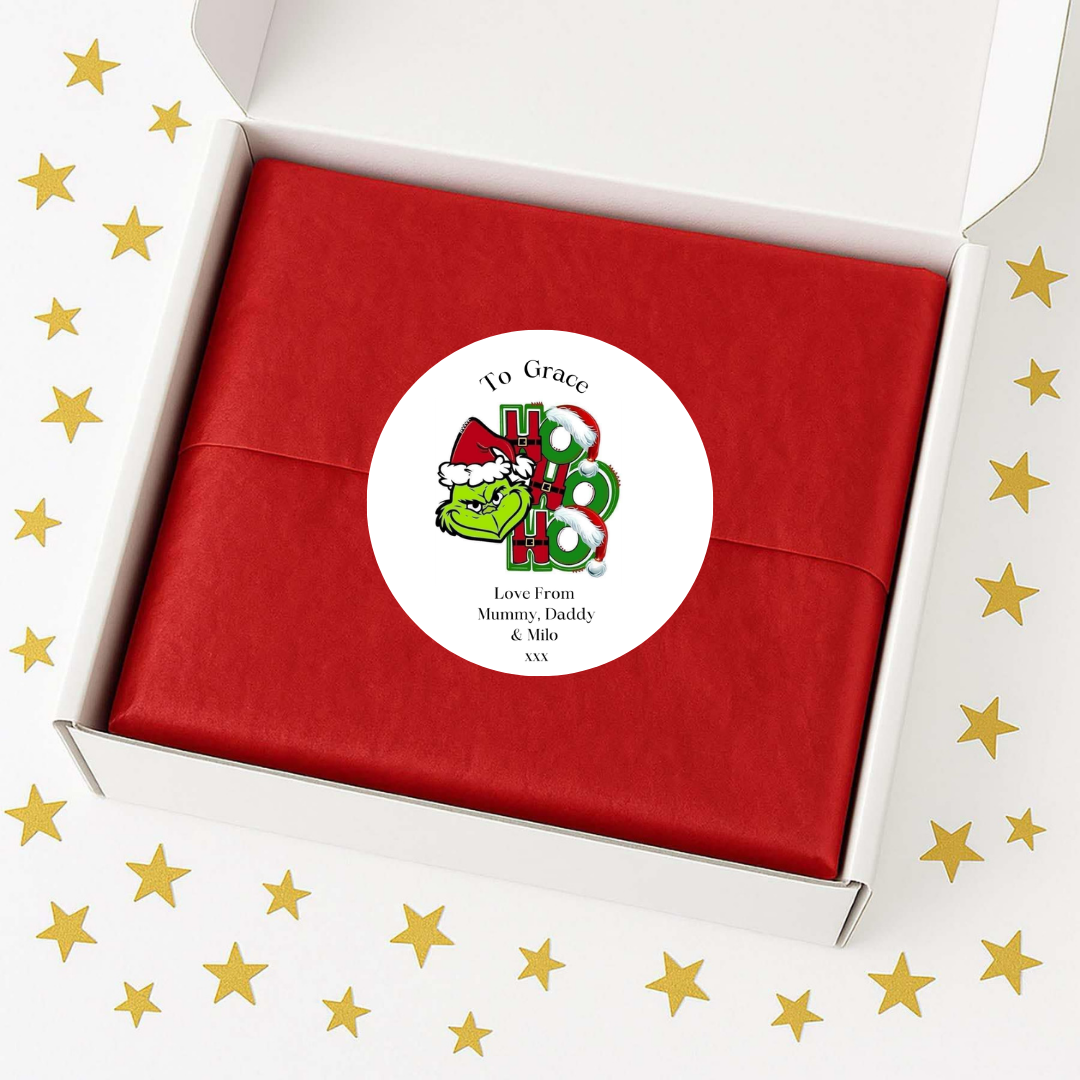 Personalised Christmas gift stickers with green festive character and Ho Ho Ho design