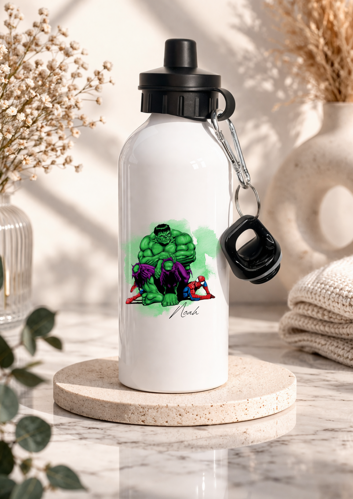 Personalised green superhero children's water bottle