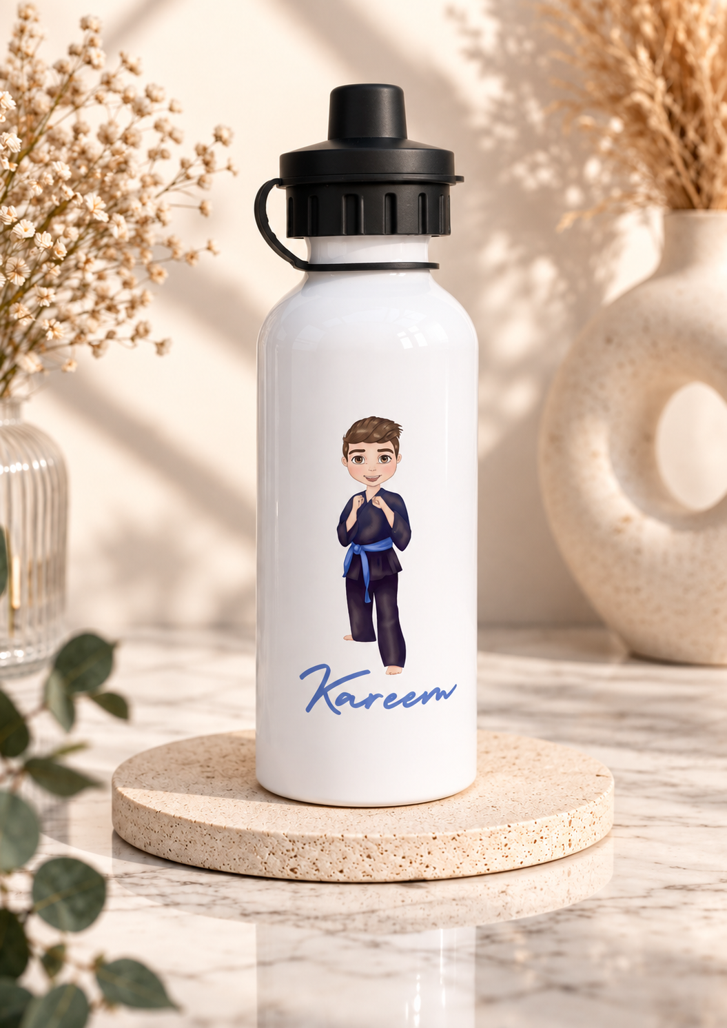 Personalised karate boy water bottle with custom name