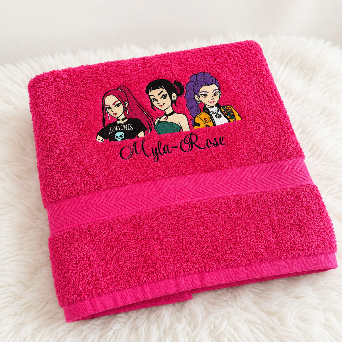 Hot pink personalised kids bath towel embroidered with the name Myla-Rose and character design