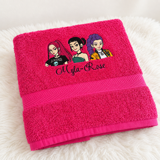 Hot pink personalised kids bath towel embroidered with the name Myla-Rose and character design