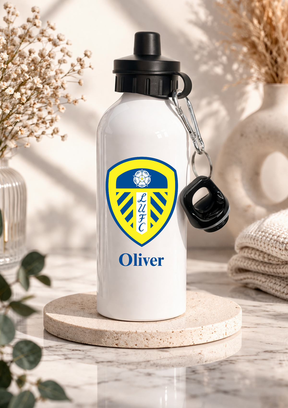 Personalised blue and yellow football fan water bottle
