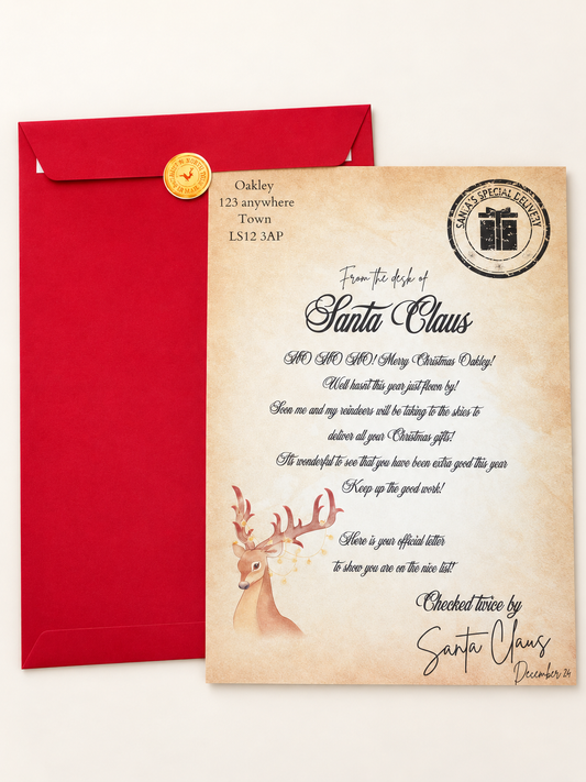 Personalised Letter From Santa Claus with red envelope displayed on a clean cream background