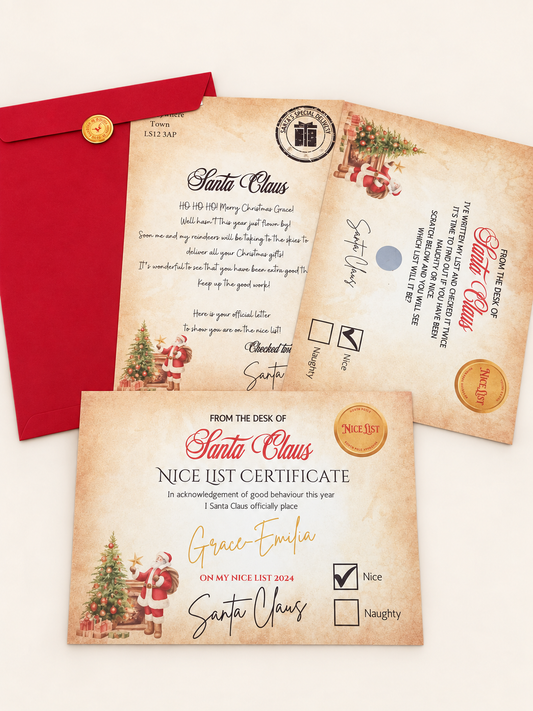 Personalised letter from Santa set with certificate, scratch card and red envelope on a clean cream background